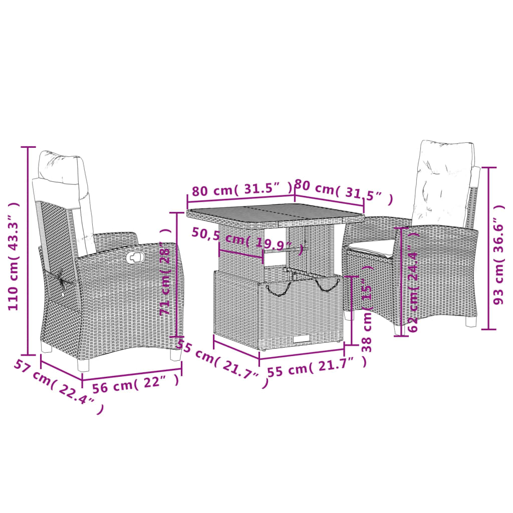 3 Piece Patio Dining Set with Cushions Black Poly Rattan