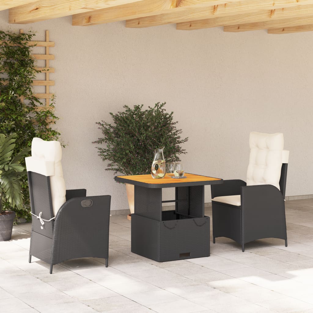 3 Piece Patio Dining Set with Cushions Black Poly Rattan