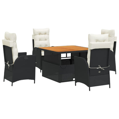 5 Piece Patio Dining Set with Cushions Black Poly Rattan
