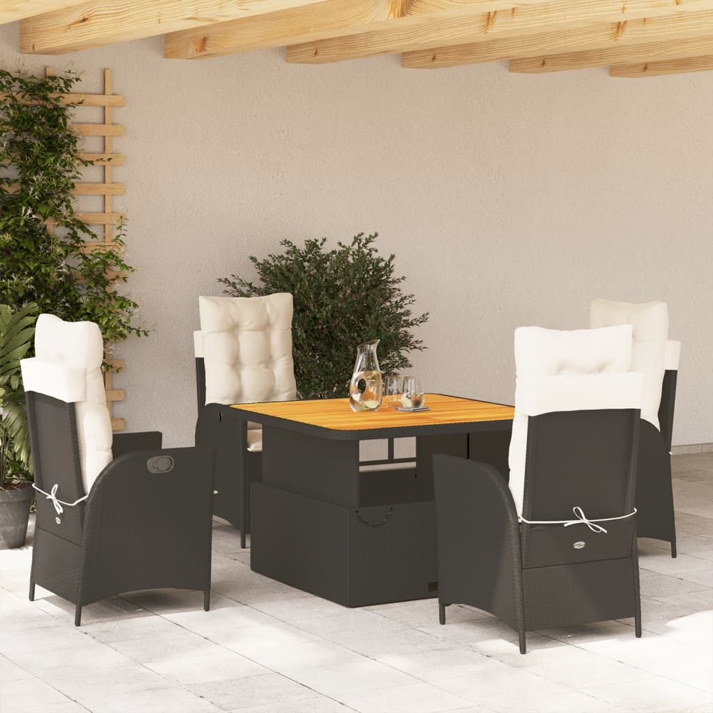 5 Piece Patio Dining Set with Cushions Black Poly Rattan