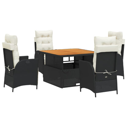 5 Piece Patio Dining Set with Cushions Black Poly Rattan