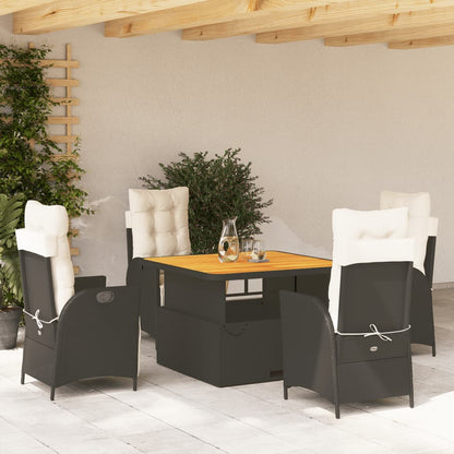 5 Piece Patio Dining Set with Cushions Black Poly Rattan
