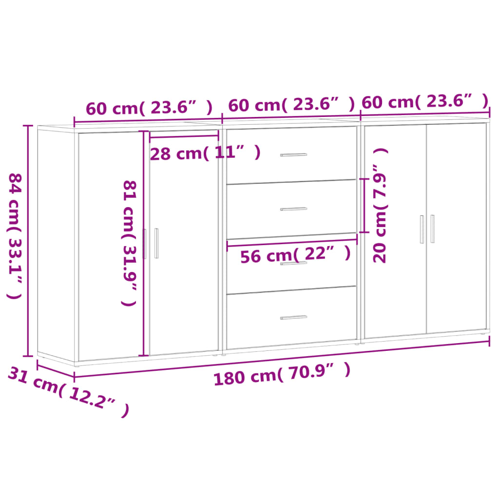 Sideboards 3 pcs Sonoma Oak 60x31x84 cm Engineered Wood