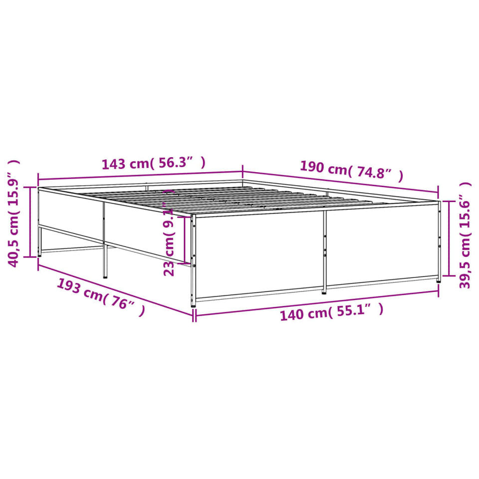 Bed Frame Grey Sonoma 140x190 cm Engineered Wood and Metal