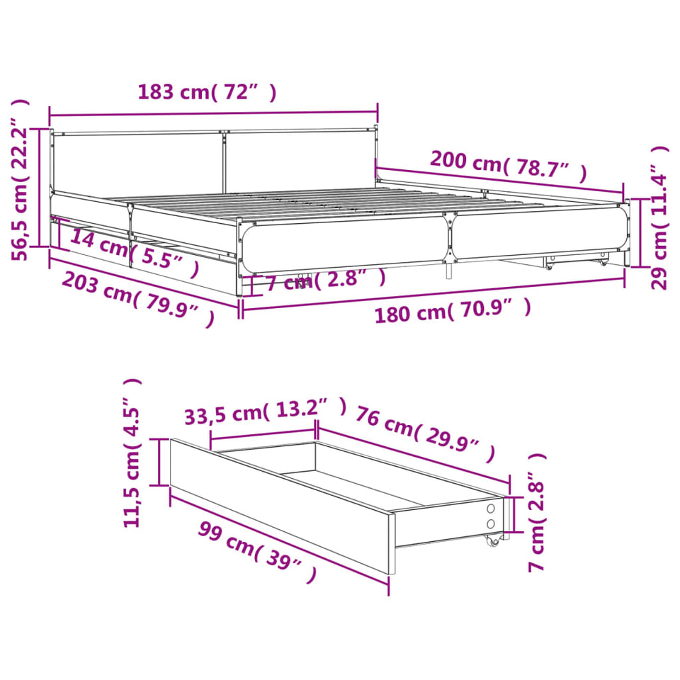 Bed Frame with Drawers Black 180x200 cm Super King Engineered Wood