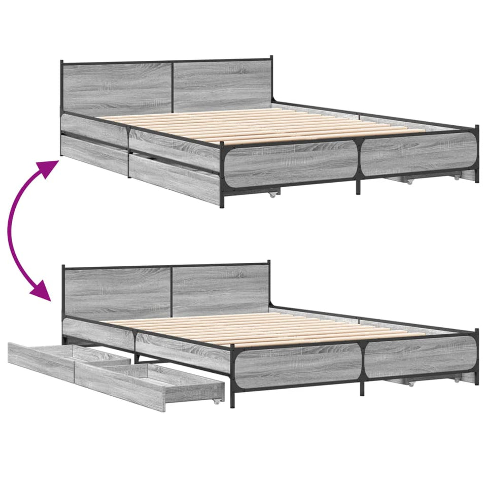 Bed Frame with Drawers without Mattress Grey Sonoma 150x200 cm King Size