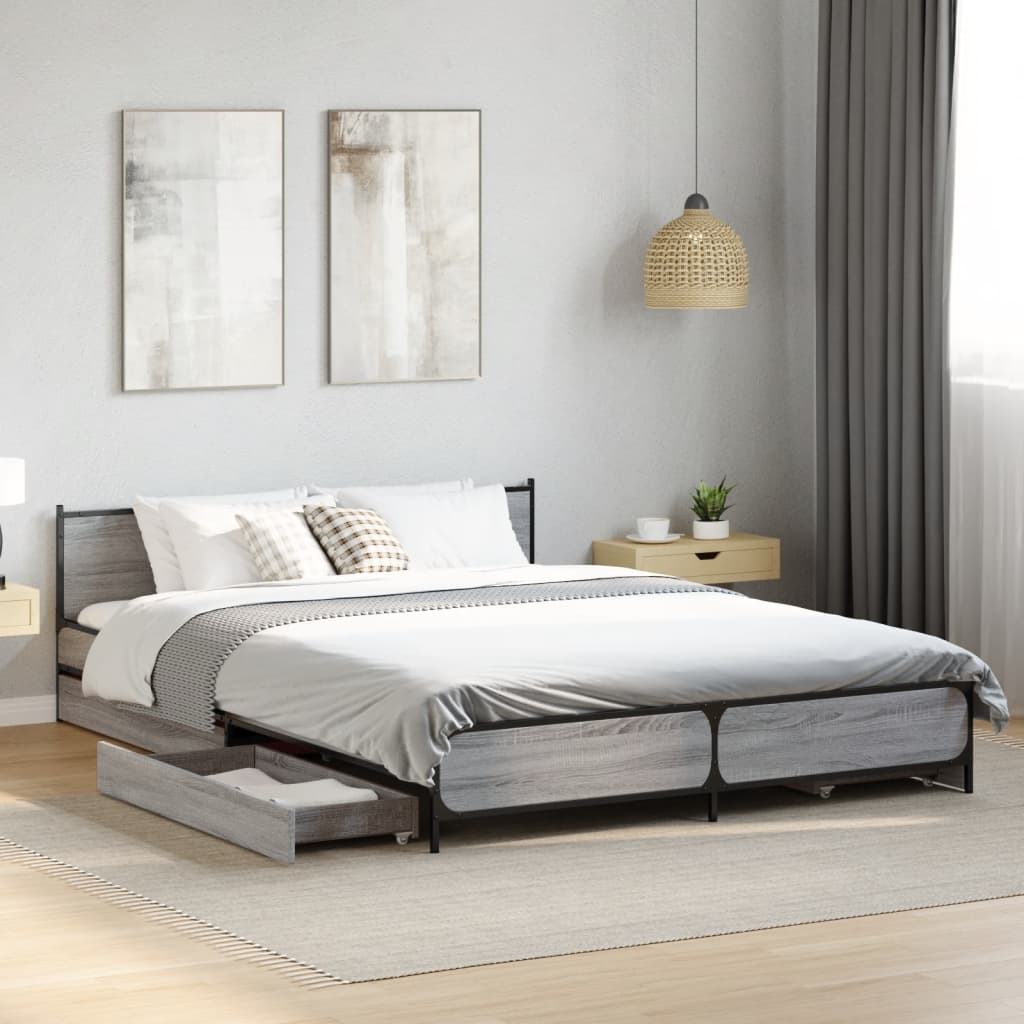 Bed Frame with Drawers without Mattress Grey Sonoma 150x200 cm King Size