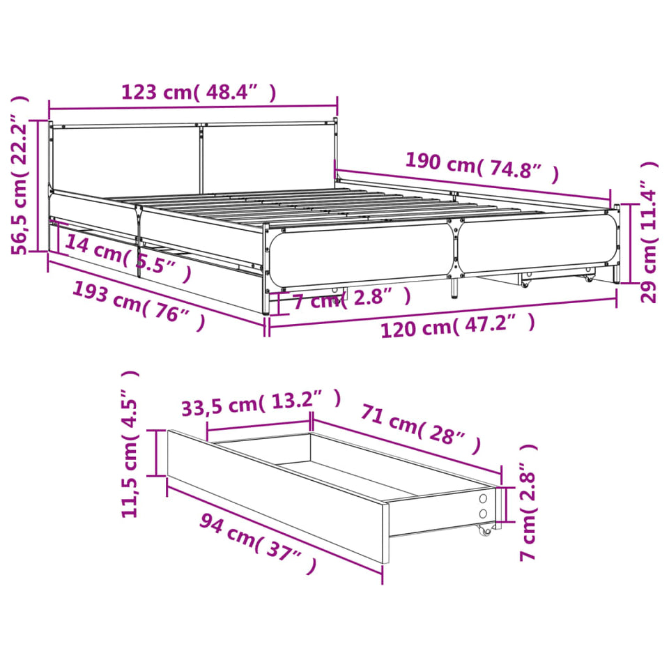 Bed Frame with Drawers without Mattress Smoked Oak 120x190 cm Small Double