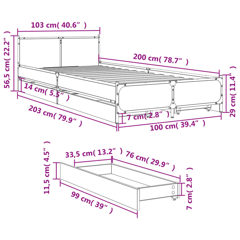 Bed Frame with Drawers Brown Oak 100x200 cm Engineered Wood