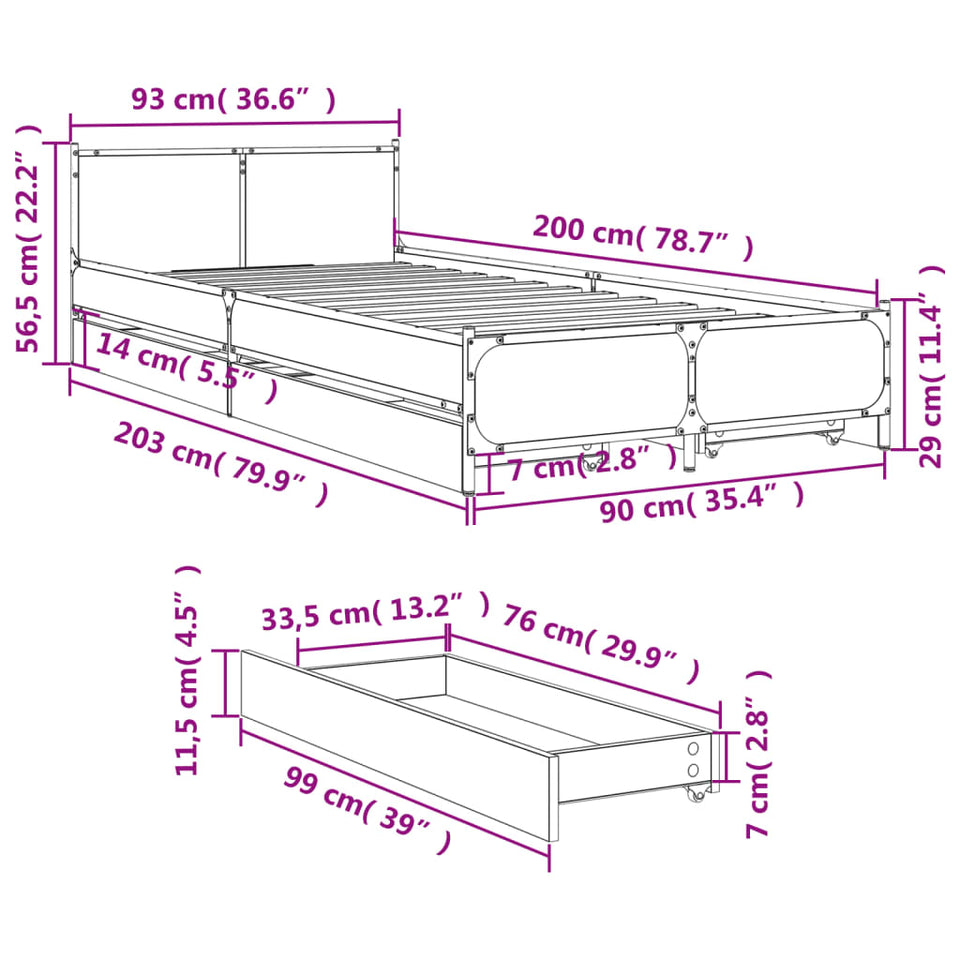 Bed Frame with Drawers without Mattress Black 90x200 cm