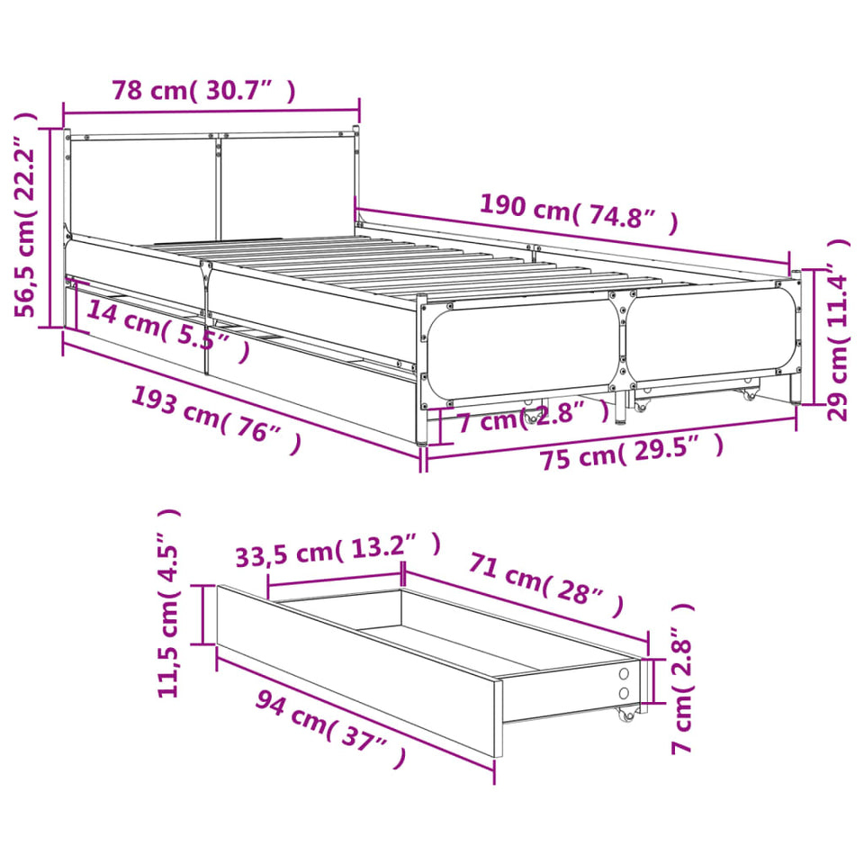 Bed Frame with Drawers Smoked Oak 75x190 cm Small Single Engineered Wood