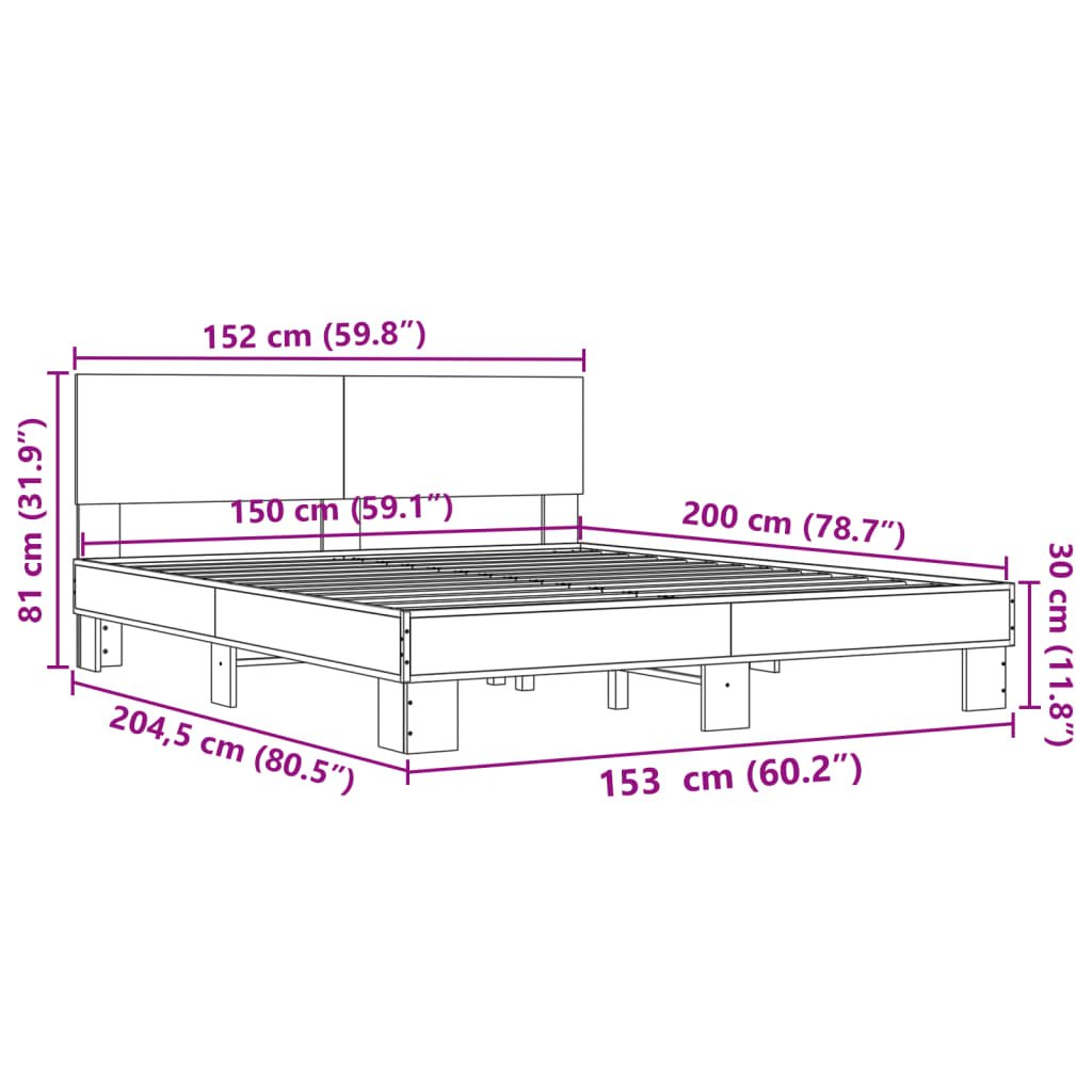 Bed Frame | Grey Sonoma |Engineered wood and metal with plywood slats