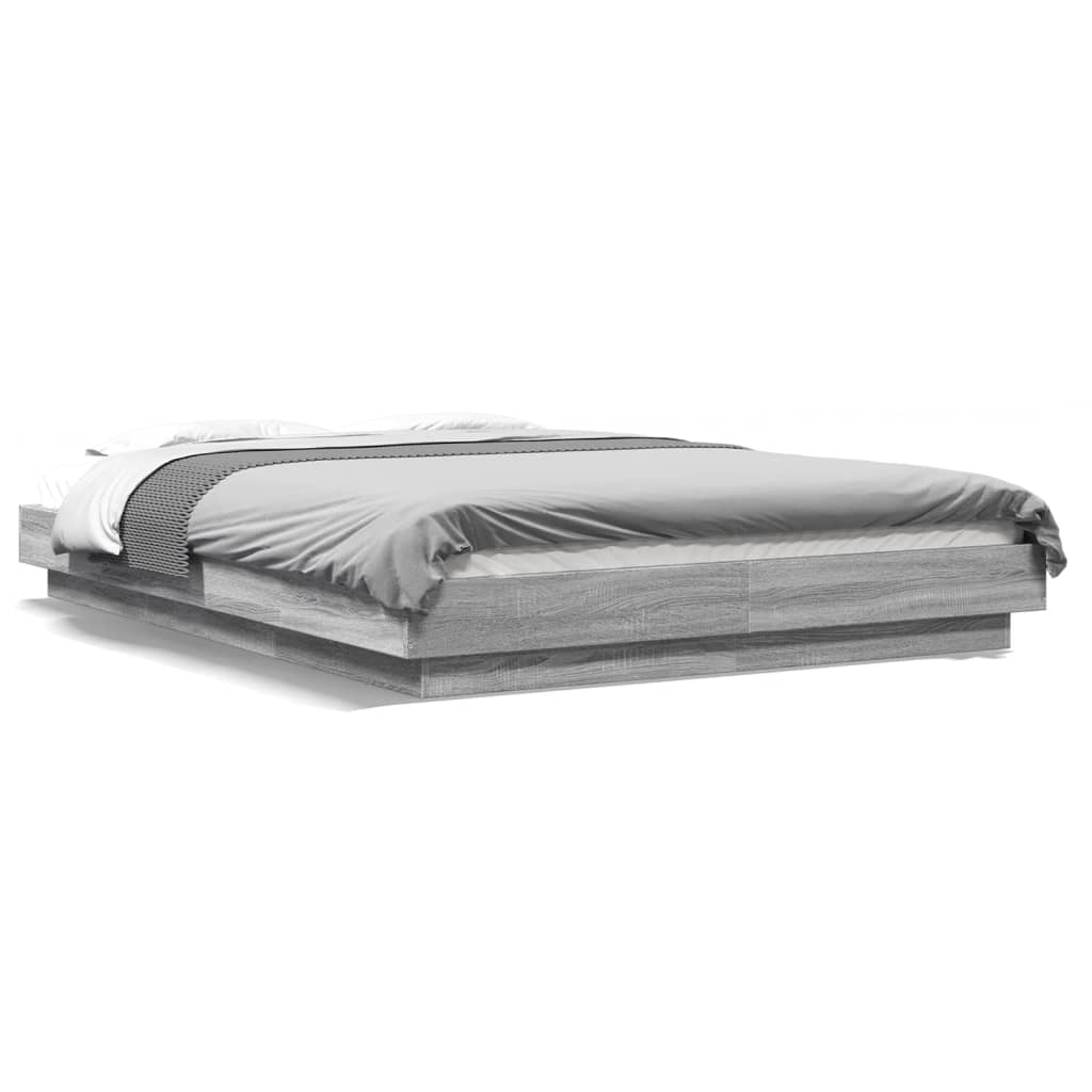 Bed Frame with LED Lights without Mattress Grey Sonoma 135x190cm