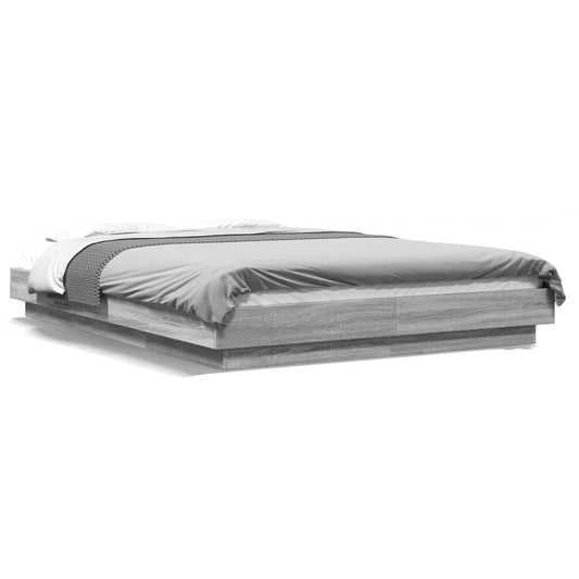 Bed Frame with LED Lights without Mattress Grey Sonoma 135x190cm