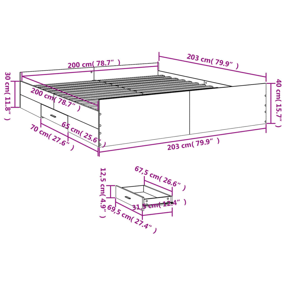 Bed Frame with Drawers without Mattress Black 200x200 cm