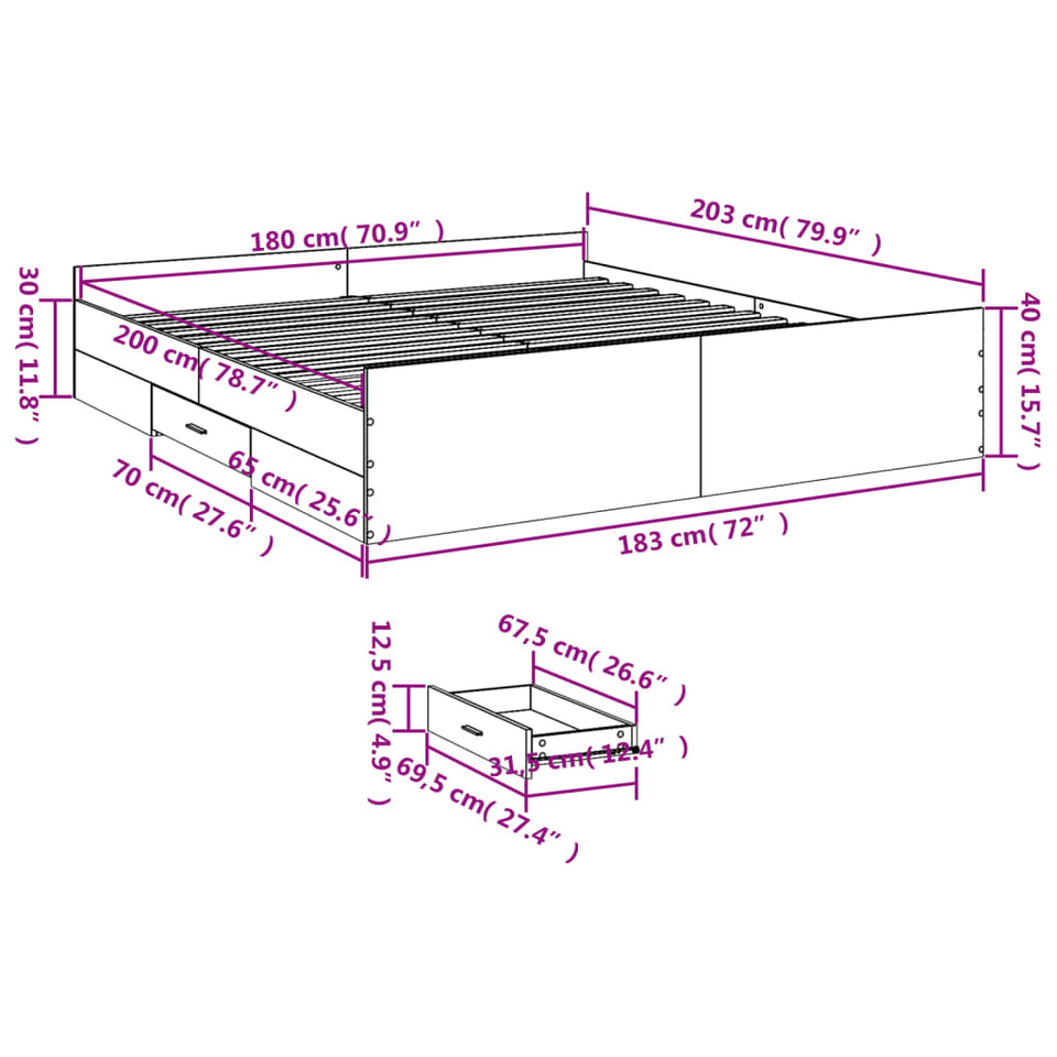 Bed Frame with Drawers without Mattress White 180x200 cm Super King