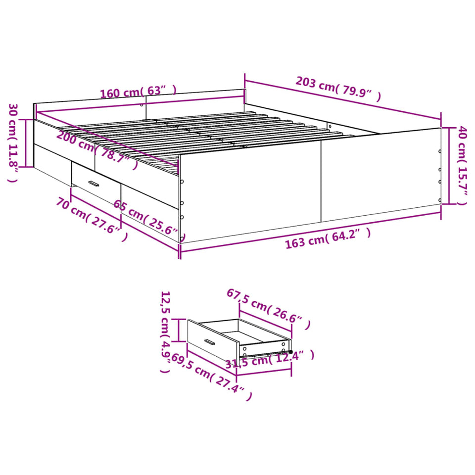 Bed Frame with Drawers without Mattress White 160x200 cm