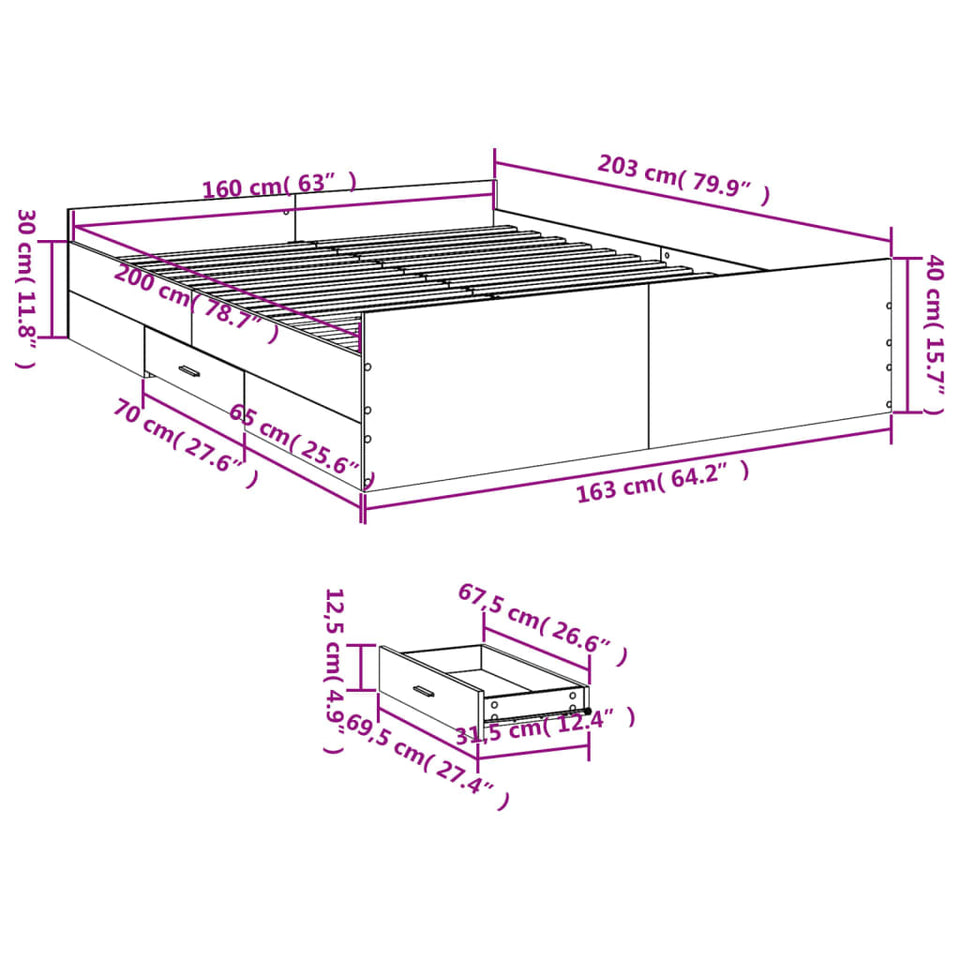 Bed Frame with Drawers without Mattress Sonoma Oak 160x200 cm