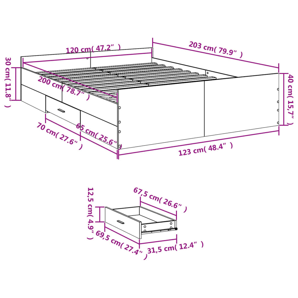 Bed Frame with Drawers without Mattress Concrete Grey 120x200 cm