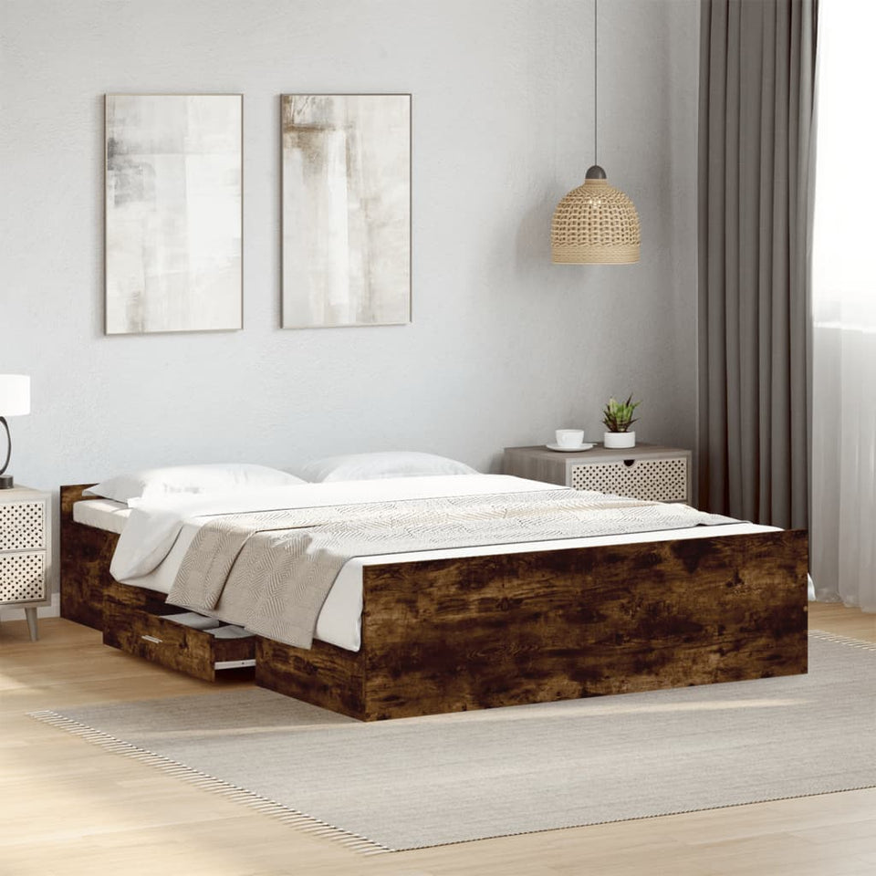 Bed Frame with Drawers without Mattress Smoked Oak 135x190 cm Double