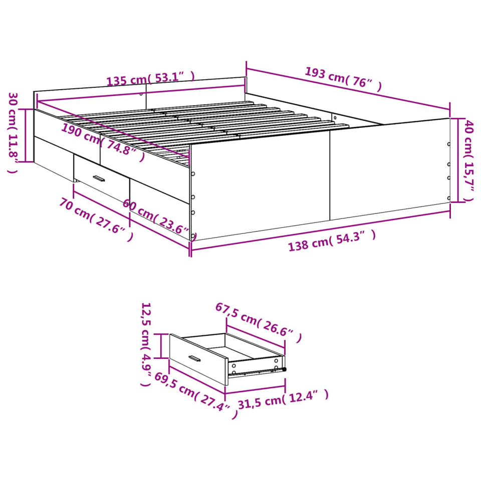 Bed Frame with Drawers Grey Sonoma 135x190 cm Double Engineered Wood