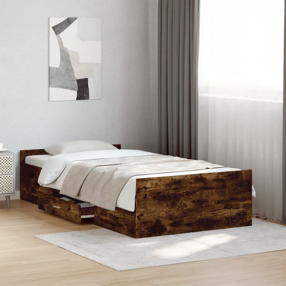 Bed Frame with Drawers Smoked Oak 100x200 cm Engineered Wood