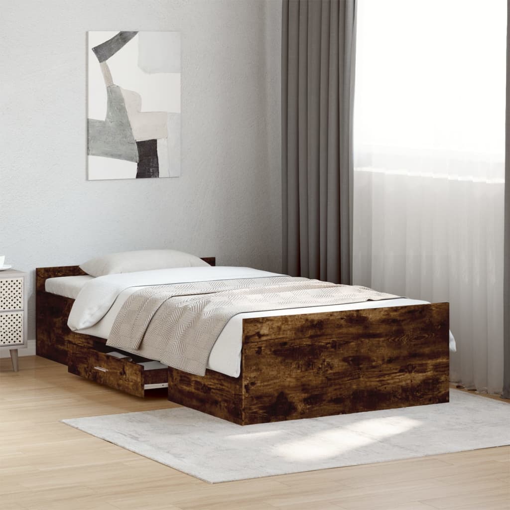 Bed Frame with Drawers without Mattress Smoked Oak 90x200 cm