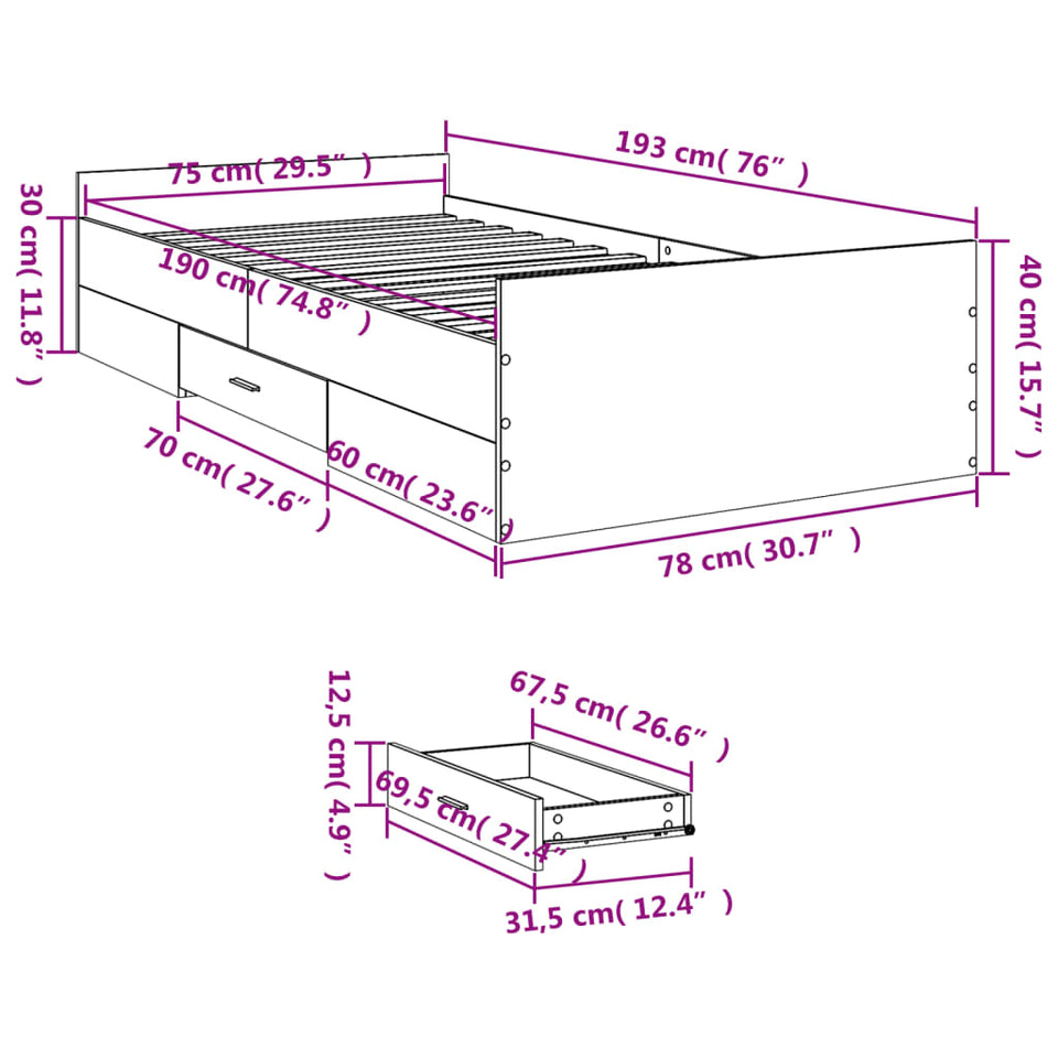 Bed Frame with Drawers Grey Sonoma 75x190 cm Small Single Engineered Wood