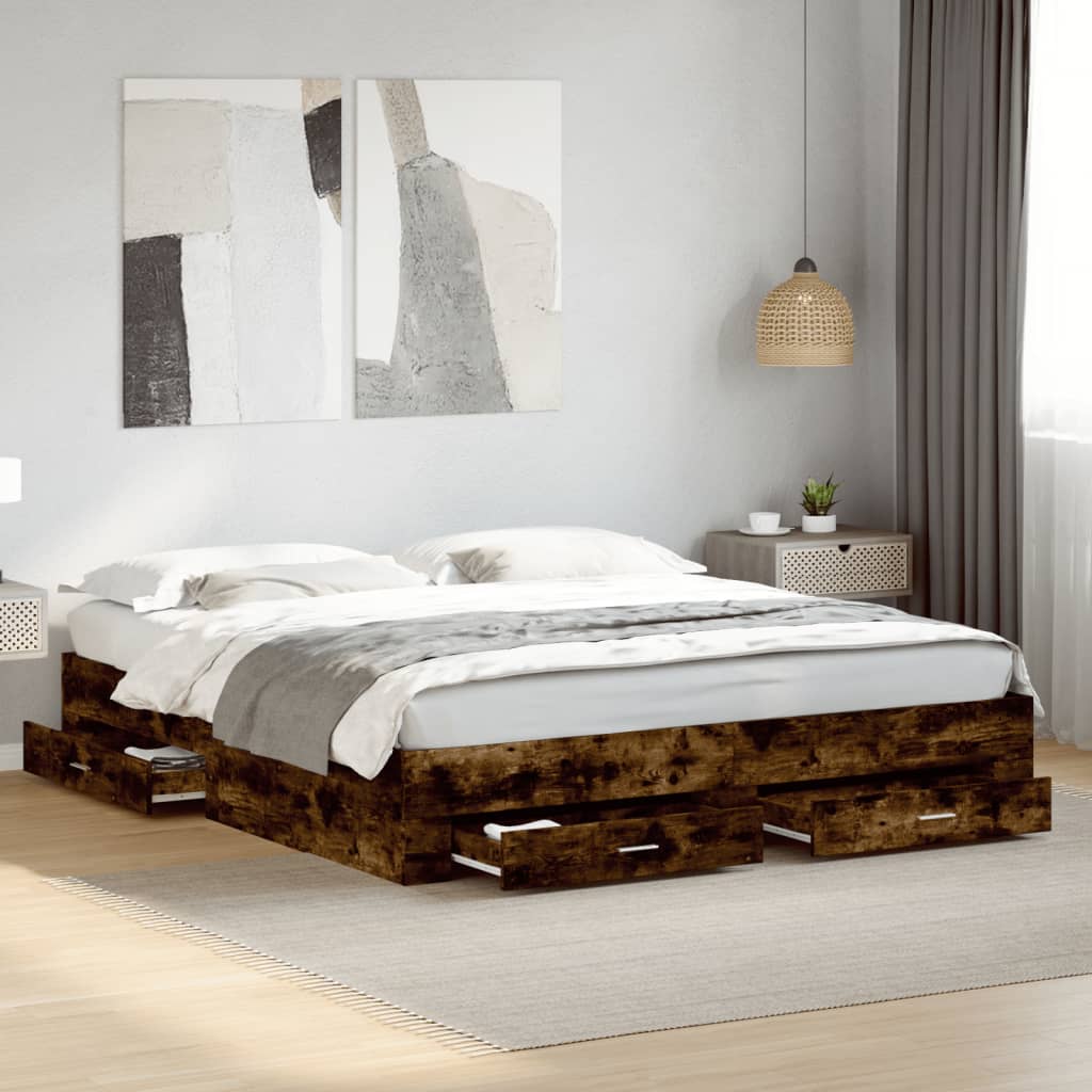 Bed Frame with Drawers without Mattress Smoked Oak 200x200 cm