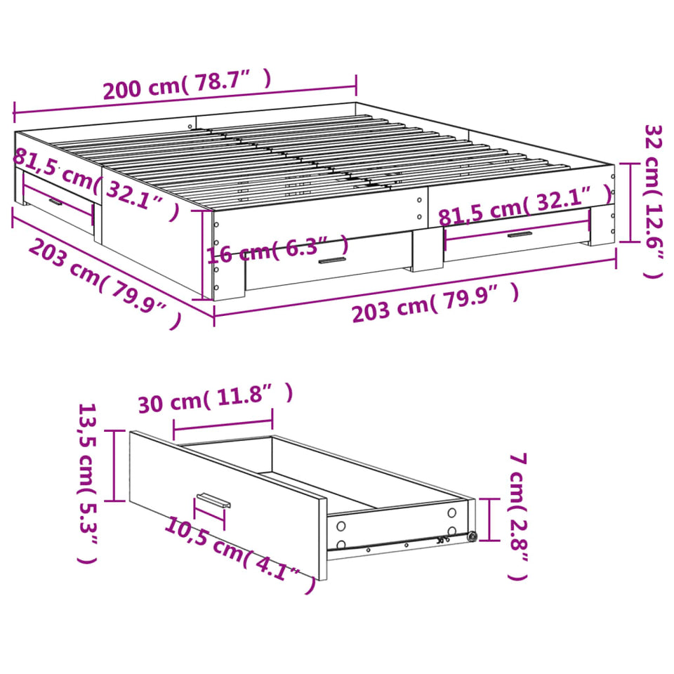 Bed Frame with Drawers without Mattress Grey Sonoma 200x200 cm