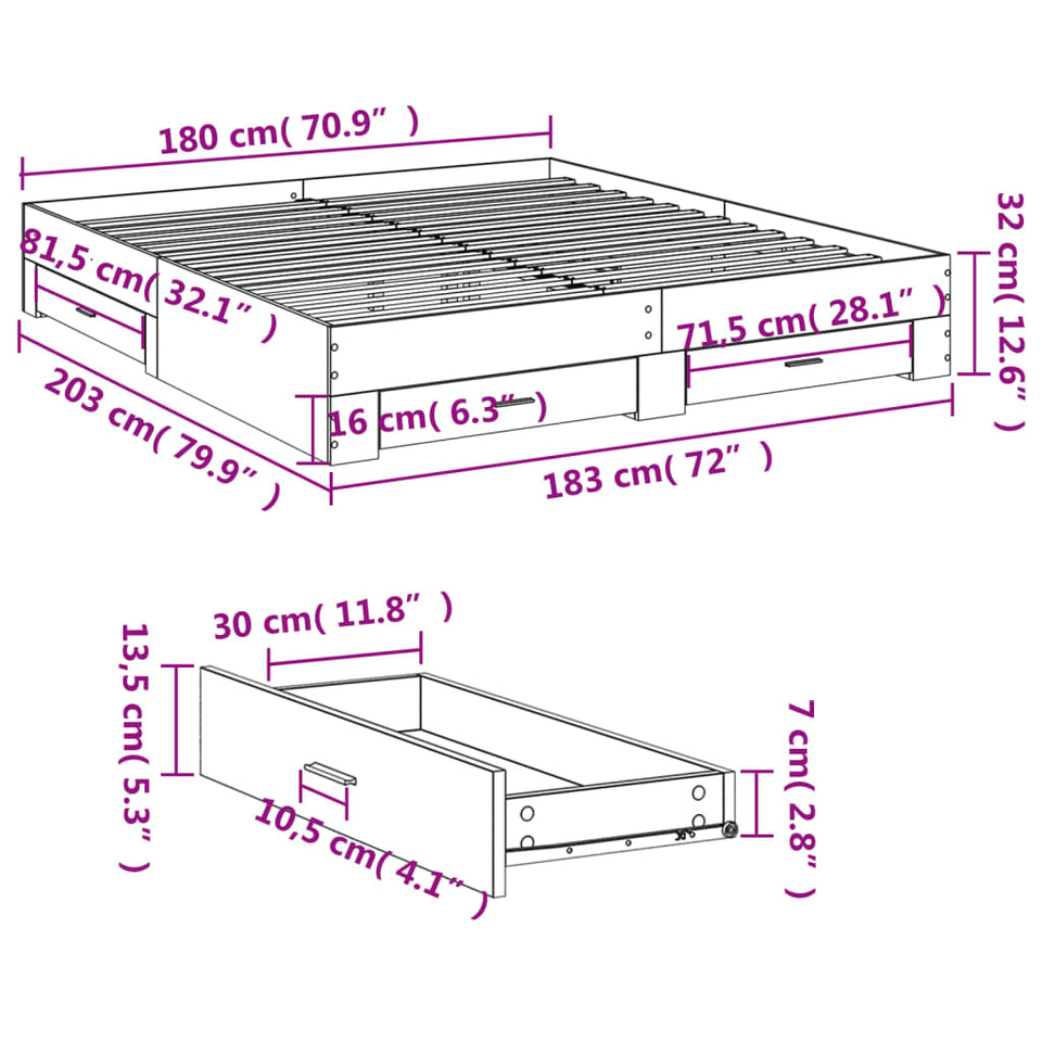 Bed Frame with Drawers without Mattress Sonoma Oak 180x200 cm Super King