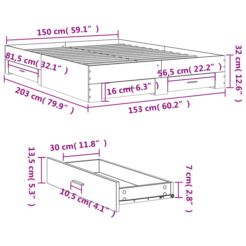 Bed Frame with Drawers without Mattress Smoked Oak 150x200 cm King Size