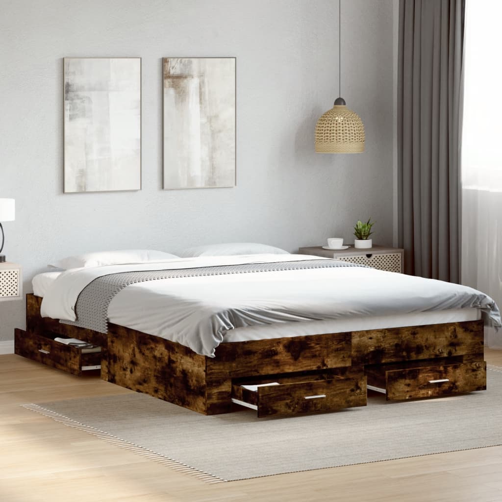 Bed Frame with Drawers without Mattress Smoked Oak 150x200 cm King Size