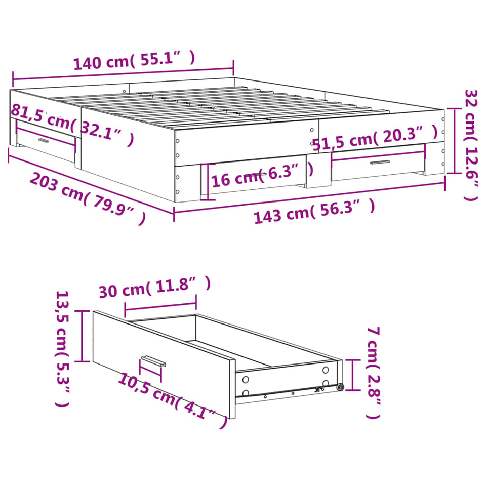 Bed Frame with Drawers without Mattress White 140x200 cm