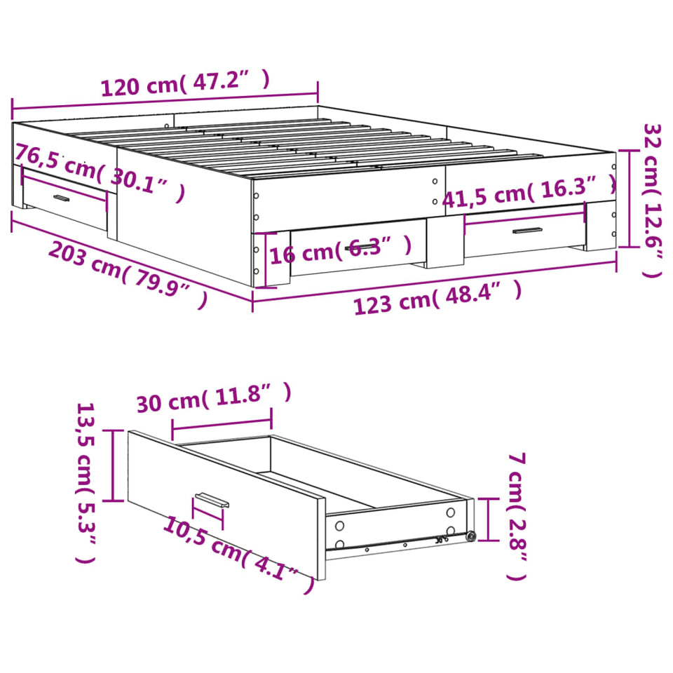 Bed Frame with Drawers without Mattress White 120x200 cm