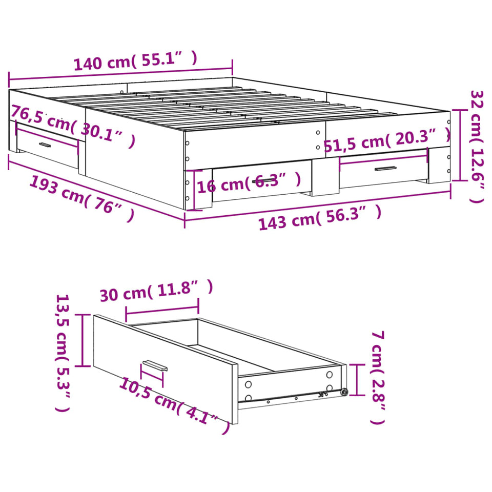 Bed Frame with Drawers without Mattress Sonoma Oak 140x190 cm