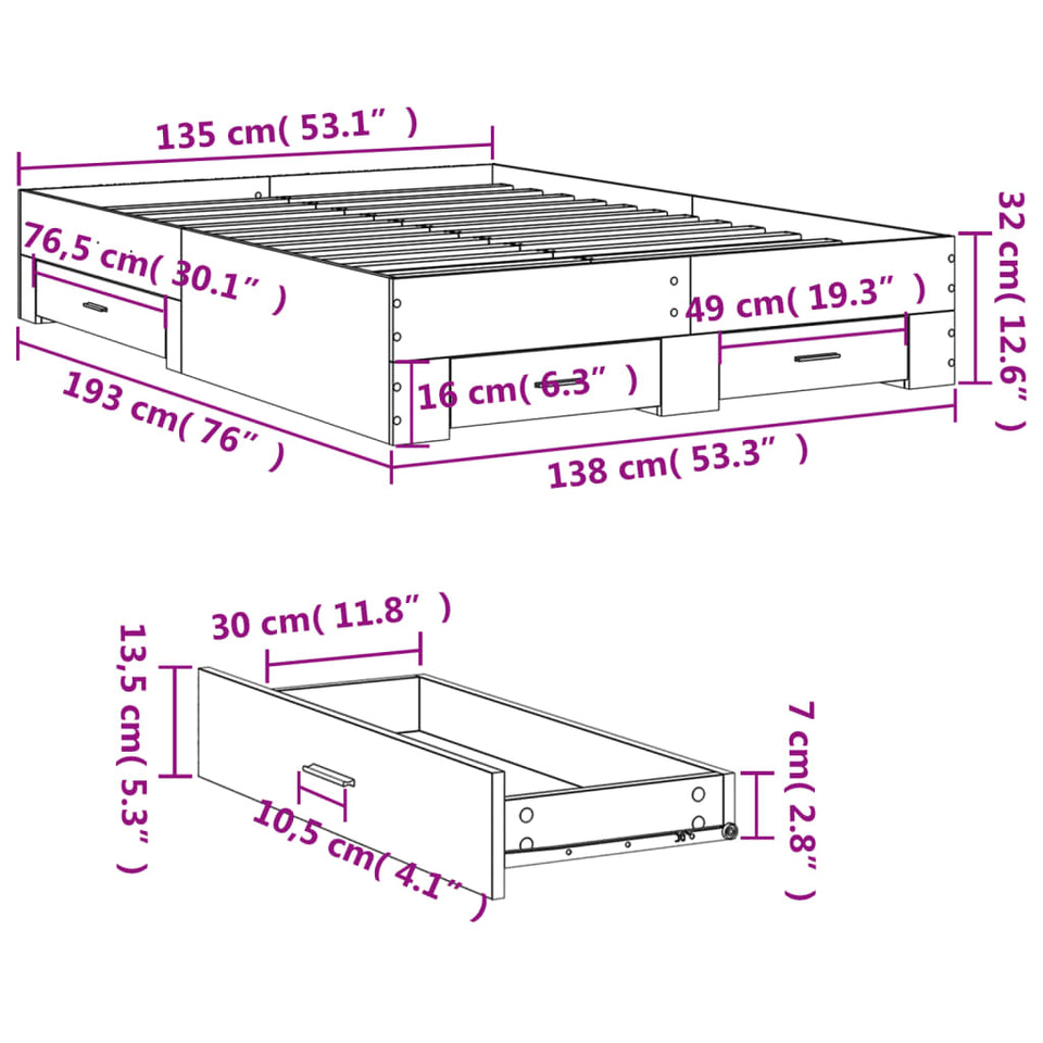 Bed Frame with Drawers without Mattress White 135x190 cm Double