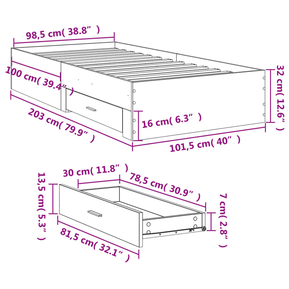 Bed Frame with Drawers without Mattress Concrete Grey 100x200 cm