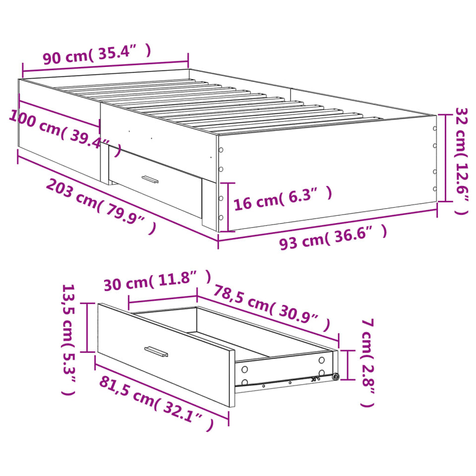 Bed Frame with Drawers without Mattress Brown Oak 90x200 cm