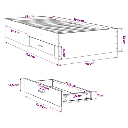 Bed Frame with Drawers without Mattress Brown Oak 75x190 cm Small Single