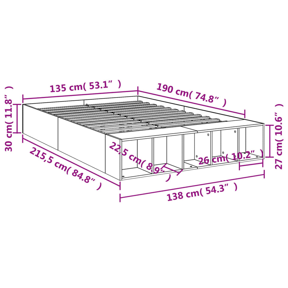 Bed Frame Concrete Grey 135x190 cm Double Engineered Wood