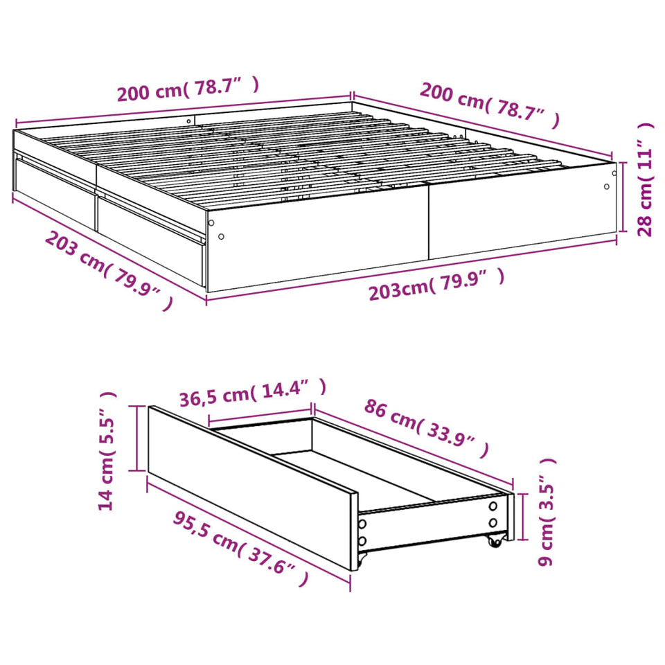 Bed Frame with Drawers Black 200x200 cm Engineered Wood