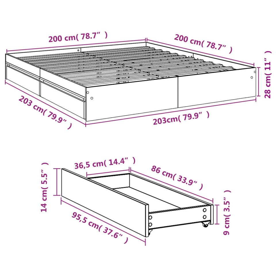 Bed Frame with Drawers without Mattress Sonoma Oak 200x200 cm