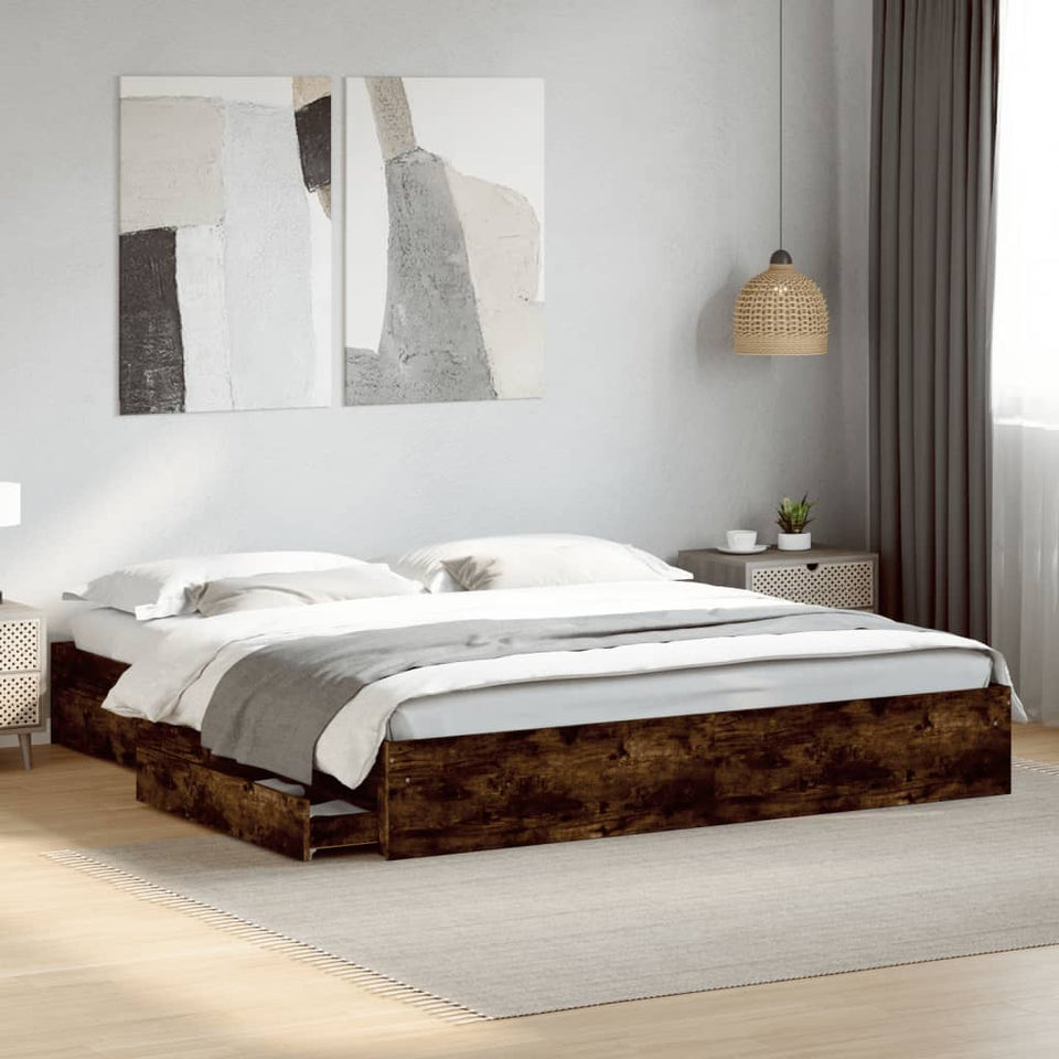 Bed Frame with Drawers Smoked Oak 200x200 cm Engineered Wood