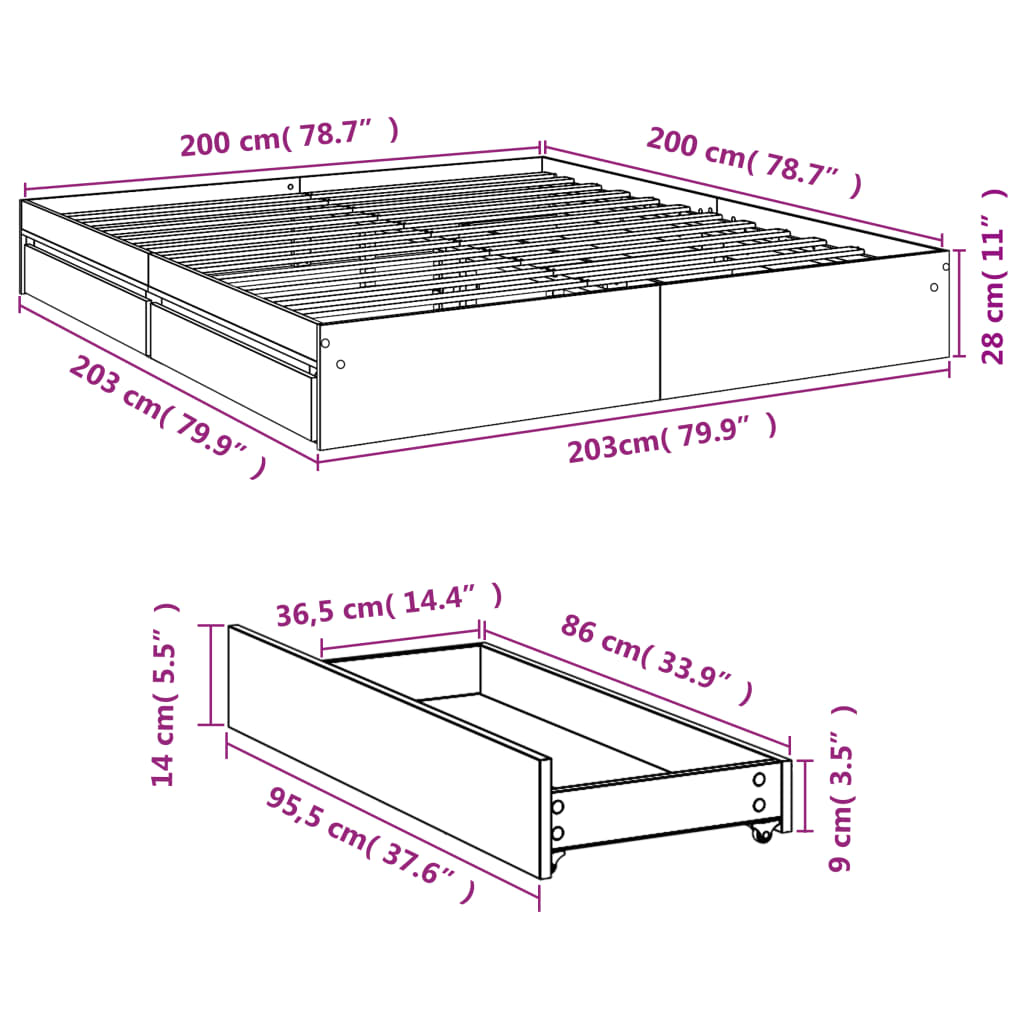 Bed Frame with Drawers without Mattress Grey Sonoma 200x200 cm