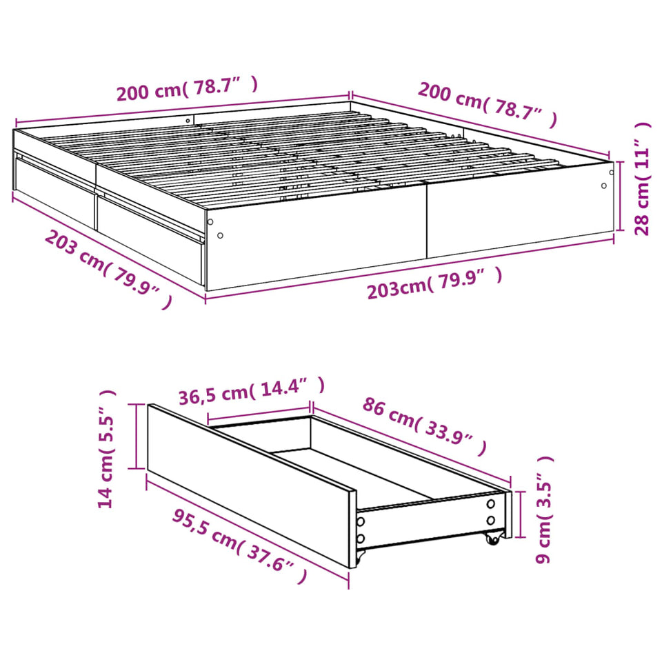 Bed Frame with Drawers Grey Sonoma 200x200 cm Engineered Wood