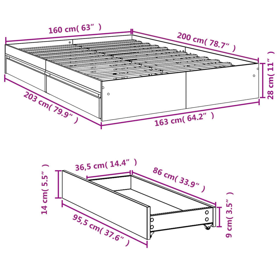 Bed Frame with Drawers without Mattress Grey Sonoma 160x200 cm