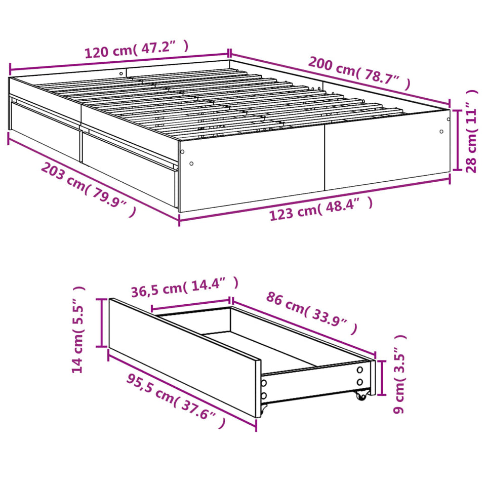 Bed Frame with Drawers without Mattress Sonoma Oak 120x200 cm