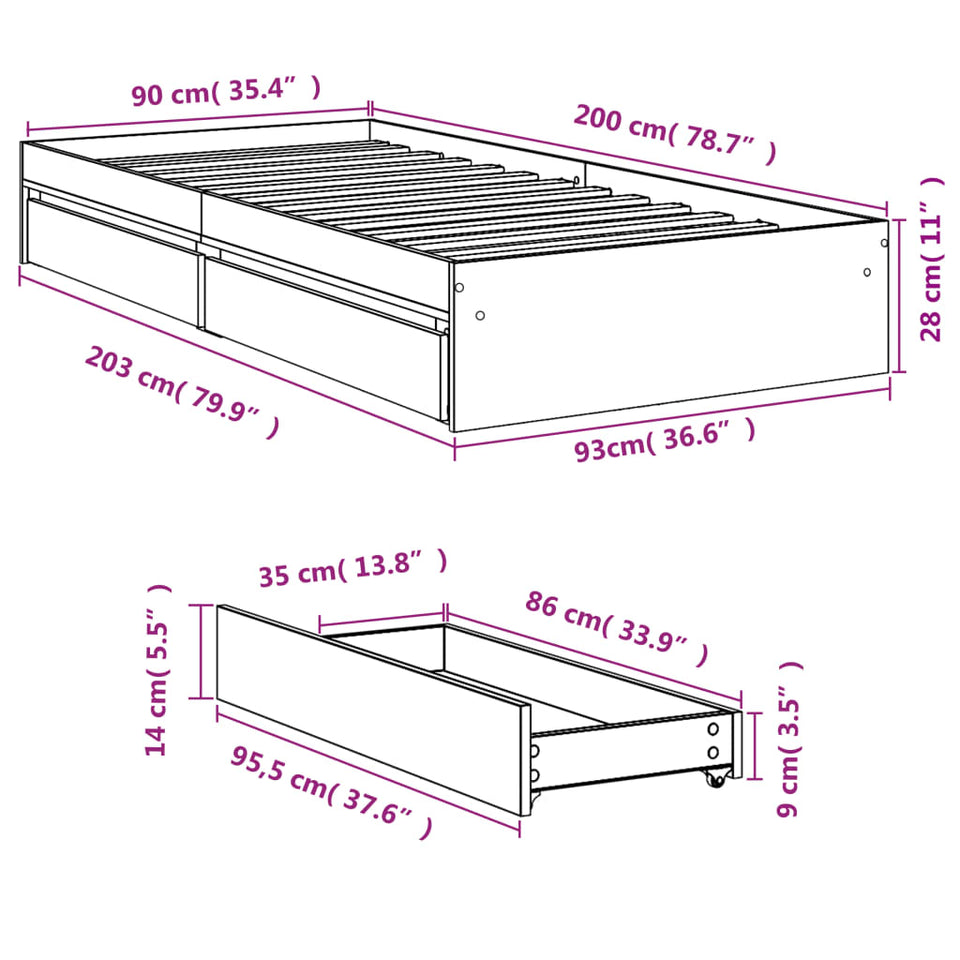 Bed Frame with Drawers White 90x200 cm Engineered Wood