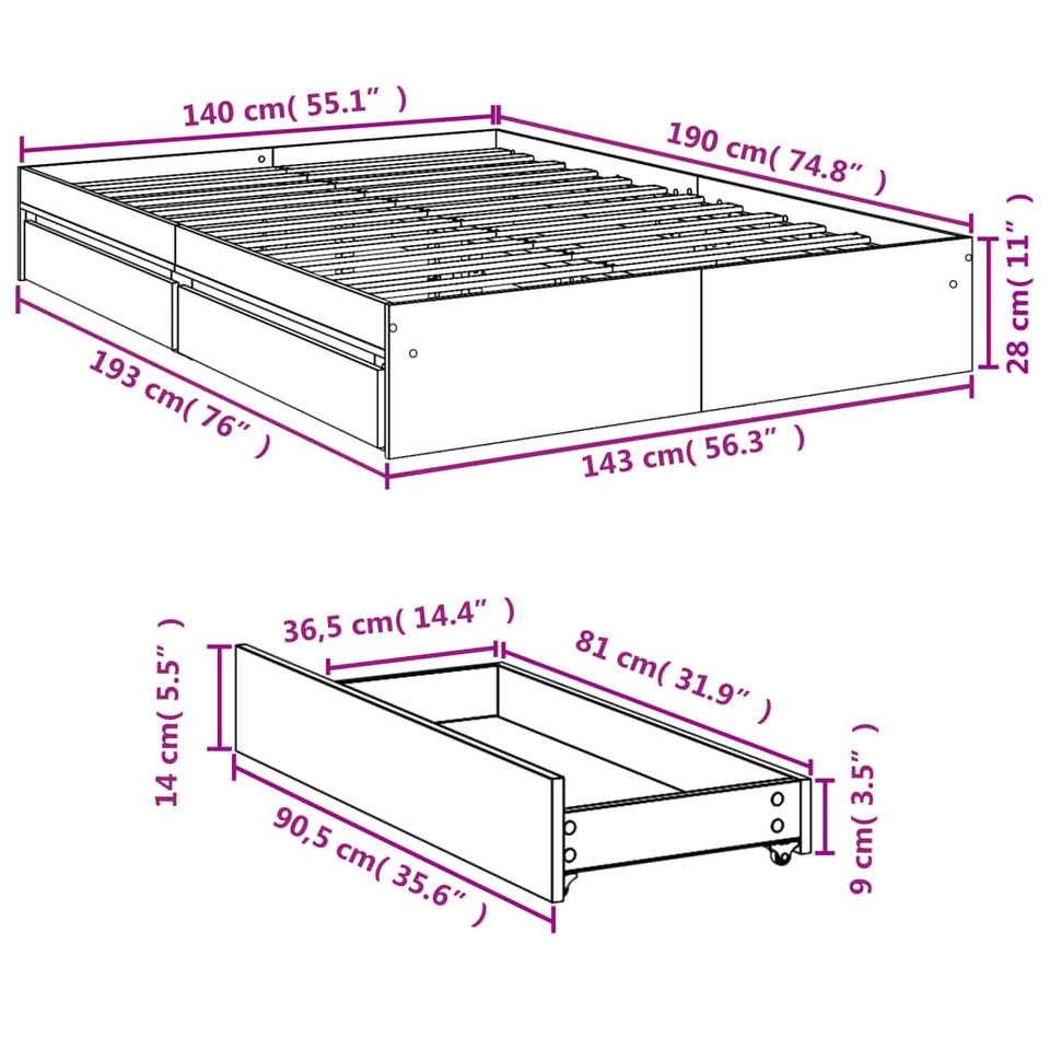 Bed Frame with Drawers Black 140x190 cm Engineered Wood